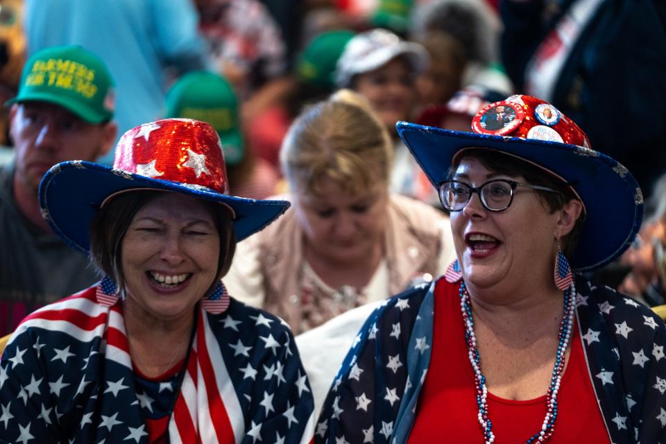 Diana Johnson, of Henderson, NE, and Lori Ediger, of Aurora, NE, wait for former President Donald Trump to arrive in Council Bluffs for a campaign event on Friday, July 7, 2023, at the Mid-America Center. 