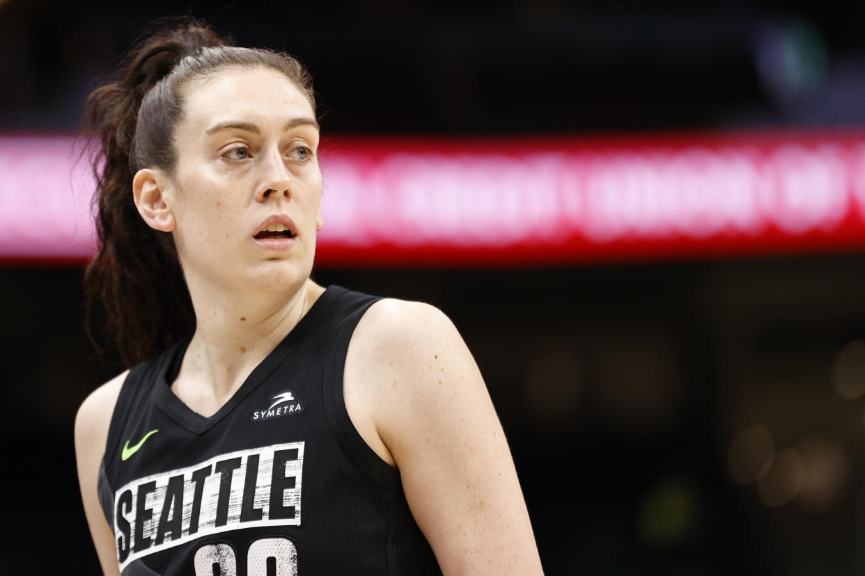 Breanna Stewart of the Seattle Storm looks on against the New York Liberty in overtime at Climate Pledge Arena on May 27, 2022 in Seattle, Washington.