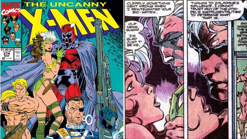 The original flirtation of Rogue and Magneto from Uncanny X-Men, art by Jim Lee.