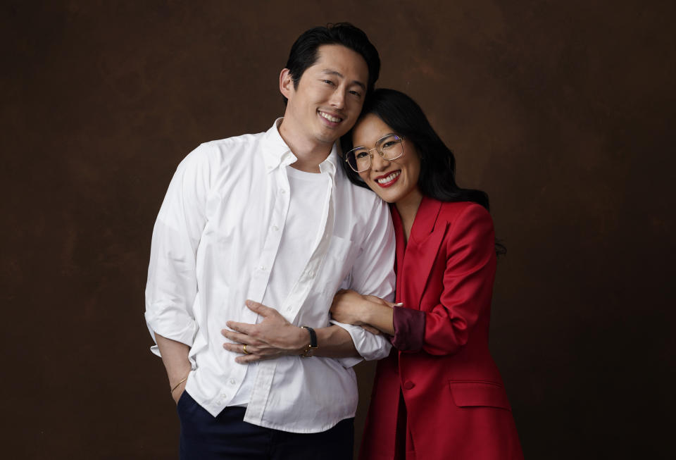 Ali Wong, right, and Steven Yeun, the co-stars of the Netflix series "Beef," pose together for a portrait, Tuesday, March 28, 2023, at the London Hotel in West Hollywood, Calif. (AP Photo/Chris Pizzello)