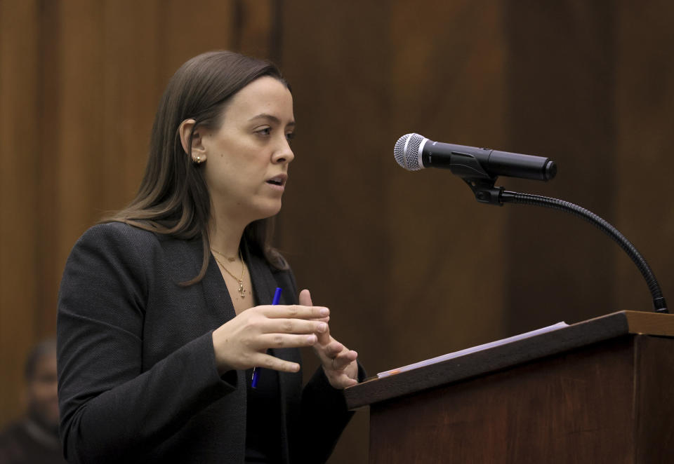 Missouri Assistant Attorney General Tristin Estep questions Erika Barrow during the fourth day of Lamar Johnson's wrongful conviction hearing in St. Louis, Thursday, Dec. 15, 2022. (David Carson/St. Louis Post-Dispatch via AP, Pool)