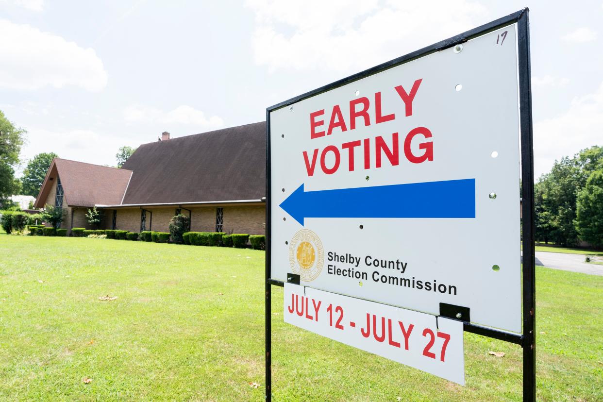 A sign for voting is seen outside of the early voting site at Greater Lewis Street Missionary Baptist Church in Memphis, Tenn., on Friday, July 12, 2024.