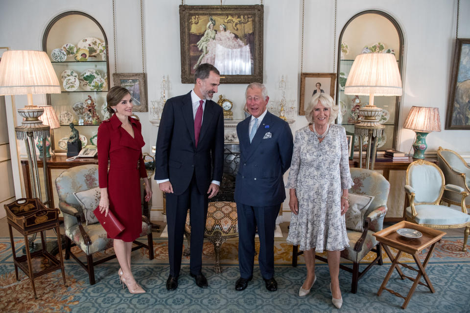 The then Prince Charles, Camilla, Duchess of Cornwall, Spain's King Felipe and Queen Letizia pose for a photograph at Clarence House in 2017. (Reuters)