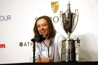 Iga Swiatek, of Poland, talks during a press conference at the WTA Finals tennis tournament in Fort Worth, Texas, Saturday, Oct. 29, 2022. (AP Photo/Ron Jenkins)