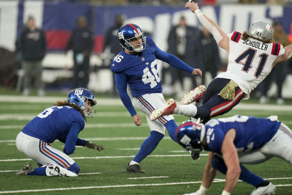 New York Giants place kicker Randy Bullock (46) kicks a field goal against the New England Patriots during the fourth quarter of an NFL football game, Sunday, Nov. 26, 2023, in East Rutherford, N.J. (AP Photo/Seth Wenig)