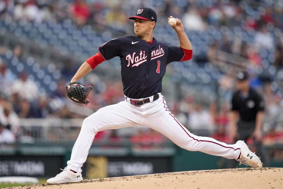 Washington Nationals starting pitcher MacKenzie Gore throws to a St. Louis Cardinals batter during the third inning of a baseball game at Nationals Park, Tuesday, June 20, 2023, in Washington. (AP Photo/Alex Brandon)