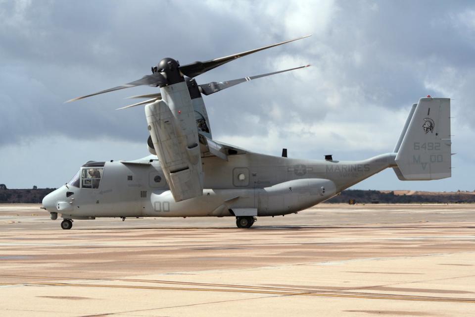 A US Marines V-22 Osprey at the Naval Air Station Miramar, California. <a href="https://www.shutterstock.com/image-photo/miramar-california-usa-oct-15-2006-365983805" rel="nofollow noopener" target="_blank" data-ylk="slk:Shutterstock;elm:context_link;itc:0;sec:content-canvas" class="link ">Shutterstock</a>