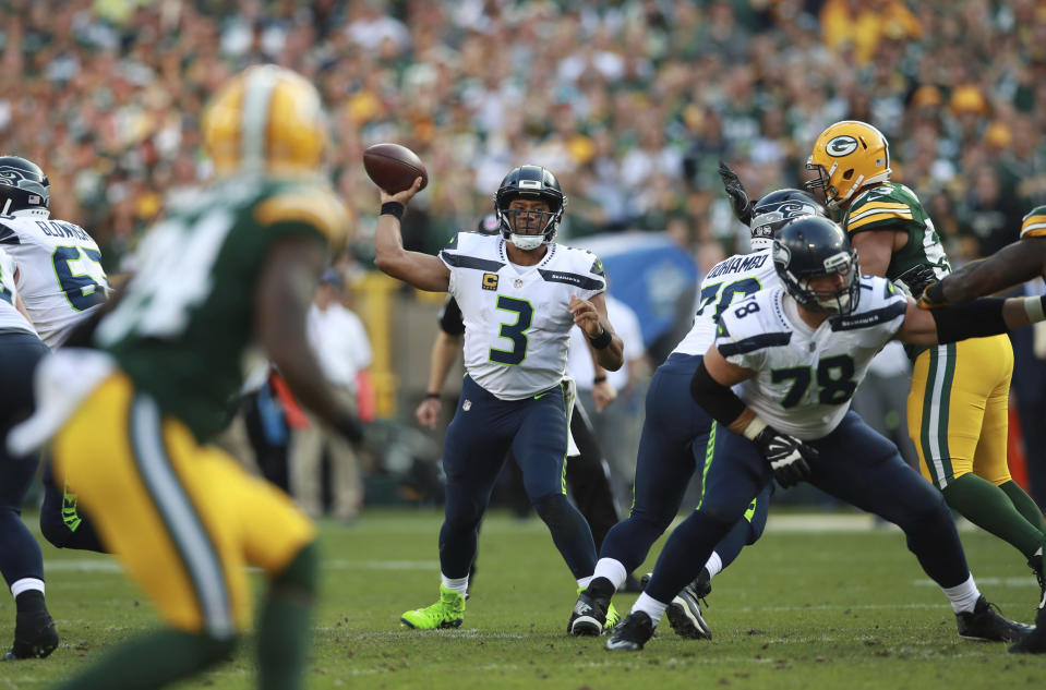 Russell Wilson struggled against the Packers in Week 1, and wasn’t much better during a narrow home win over lowly San Francisco last Sunday. (Jeff Haynes/AP Images)