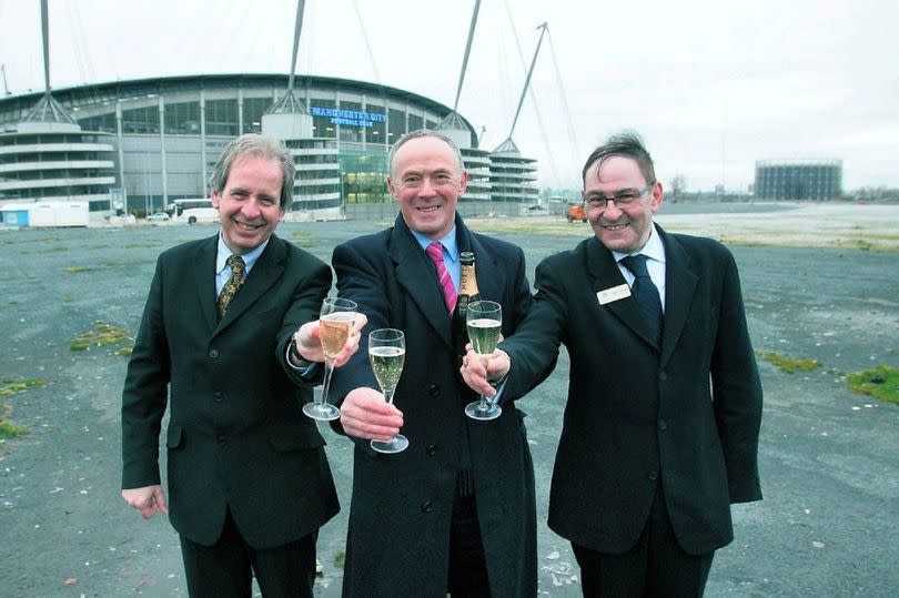 Tom Russell, then chief executive of New East Manchester; Richard Leese, then leader of Manchester city council, and the then council chief executive Howard Bernstein, pictured in 2007 on the site next to the City of Manchester Stadium where the super-casino was due to be built -Credit:MEN MEDIA