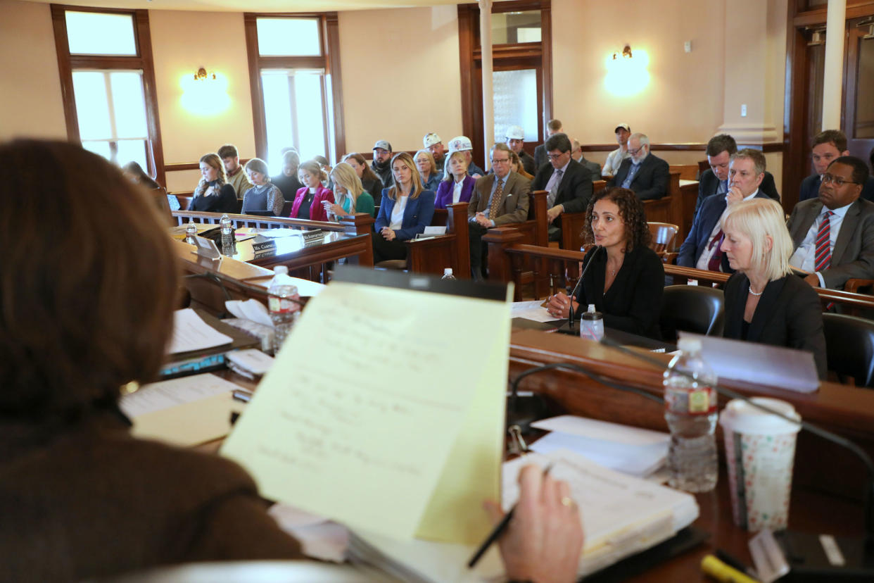 Dalia Blass, head of external affairs at BlackRock Inc., center, speaks during a Texas Senate Committee hearing