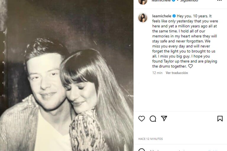 El emotivo recuerdo de Lea Michele a 10 años de la muerte de Cory Monteith