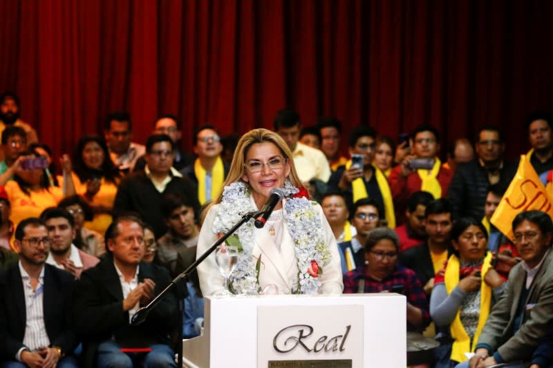 Bolivia’s interim President Jeanine Anez speaks during a ceremony to announce her nomination as presidential candidate for the upcoming elections on May 3, in La Paz, Bolivia