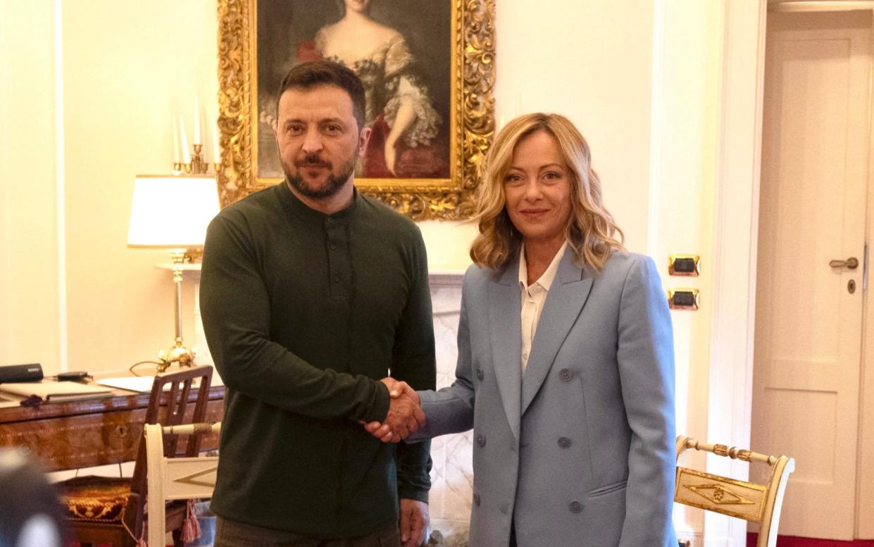 Italy's Prime Minister Giorgia Meloni meets Ukrainian President Volodymyr Zelensky on the sidelines of the 50th Economic Forum