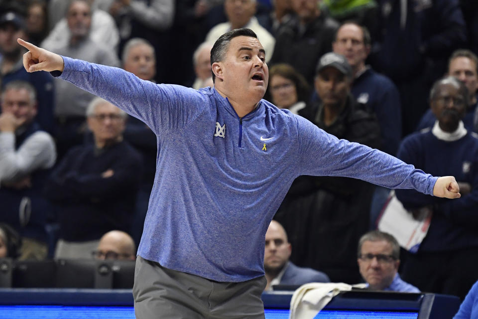 Xavier head coach Sean Miller gestures in the first half of an NCAA college basketball game against UConn, Wednesday, Jan. 25, 2023, in Storrs, Conn. (AP Photo/Jessica Hill)