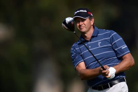 Retief Goosen tees off on the second during the second round of the Northern Trust Open at Riviera Country Club. Jake Roth-USA TODAY Sports