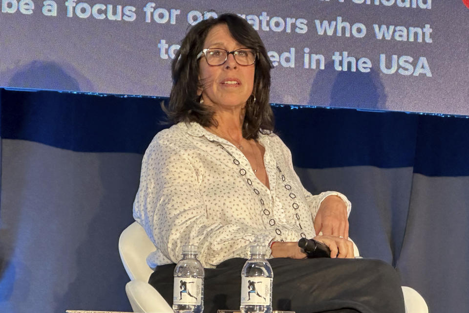 Donna Orender, former president of the WNBA, speaks at a sports betting conference in Secaucus N.J., Wednesday, May 8, 2024. Sportsbooks say the success of basketball star Caitlin Clark is likely to lead to increased betting not only on basketball but other women's sports, including soccer and hockey this year. (AP Photo/Wayne Parry)