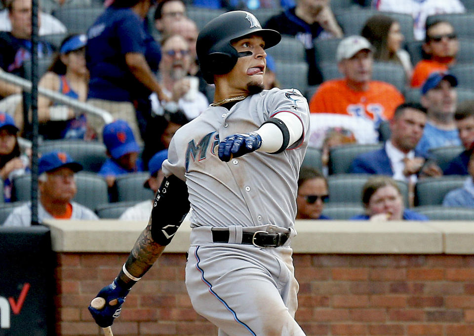 Aug 5, 2019; New York City, NY, USA; Miami Marlins second baseman Isan Diaz (1) hits a solo home run his first major league hit against the New York Mets during the sixth inning of game one of a doubleheader at CitiField. Mandatory Credit: Andy Marlin-USA TODAY Sports