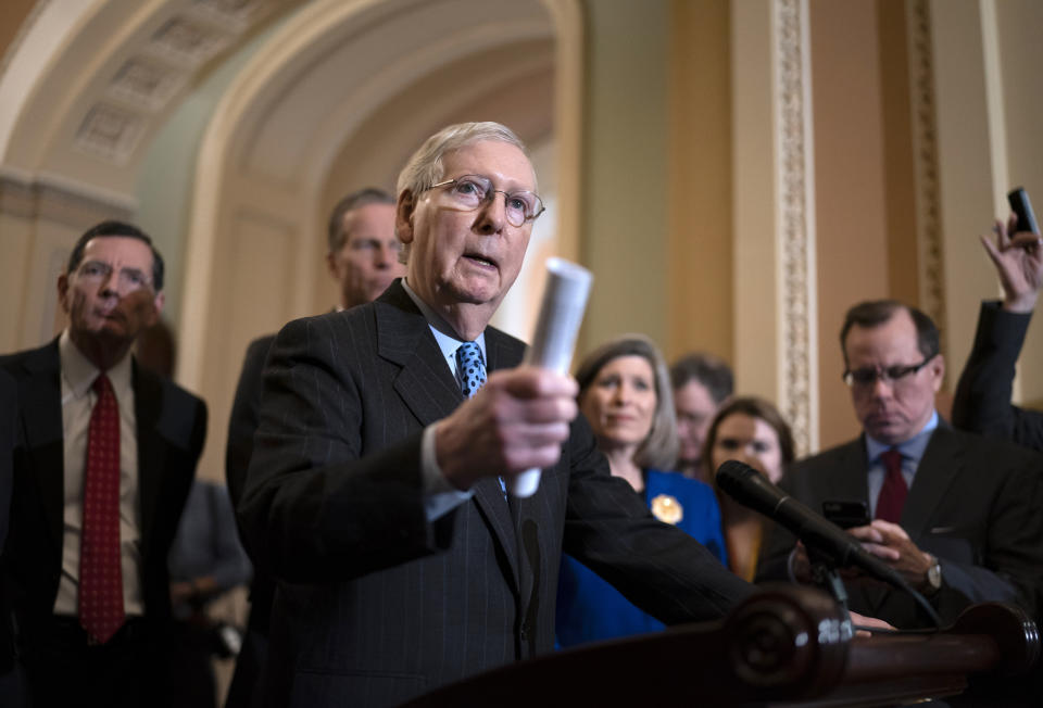 Senate Majority Leader Mitch McConnell, R-Ky., talks to reporters following a GOP strategy meeting at the Capitol in Washington, Tuesday, Feb. 11, 2020. (AP Photo/J. Scott Applewhite)