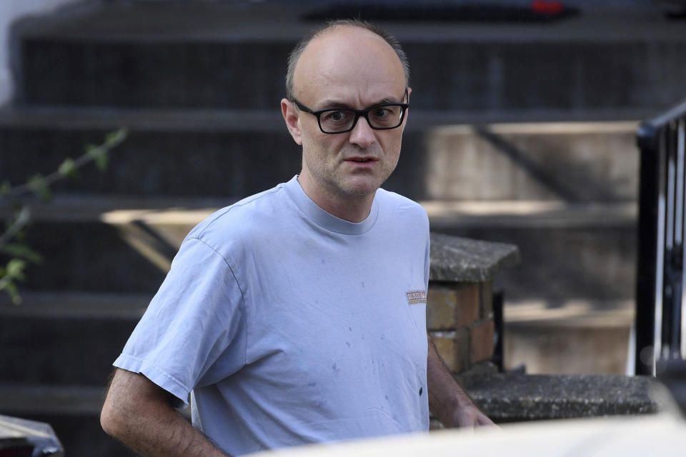 Dominic Cummings, top aide to British Prime Minister Boris Johnson, leaves his home in north London, Wednesday, May 27, 2020. The British government faced accusations of hypocrisy after the revelation that  Cummings traveled more than 250 miles (400 kms) to his parents' house during a nationwide lockdown while he was showing coronavirus symptoms. (Kirsty O'Connor/PA via AP)