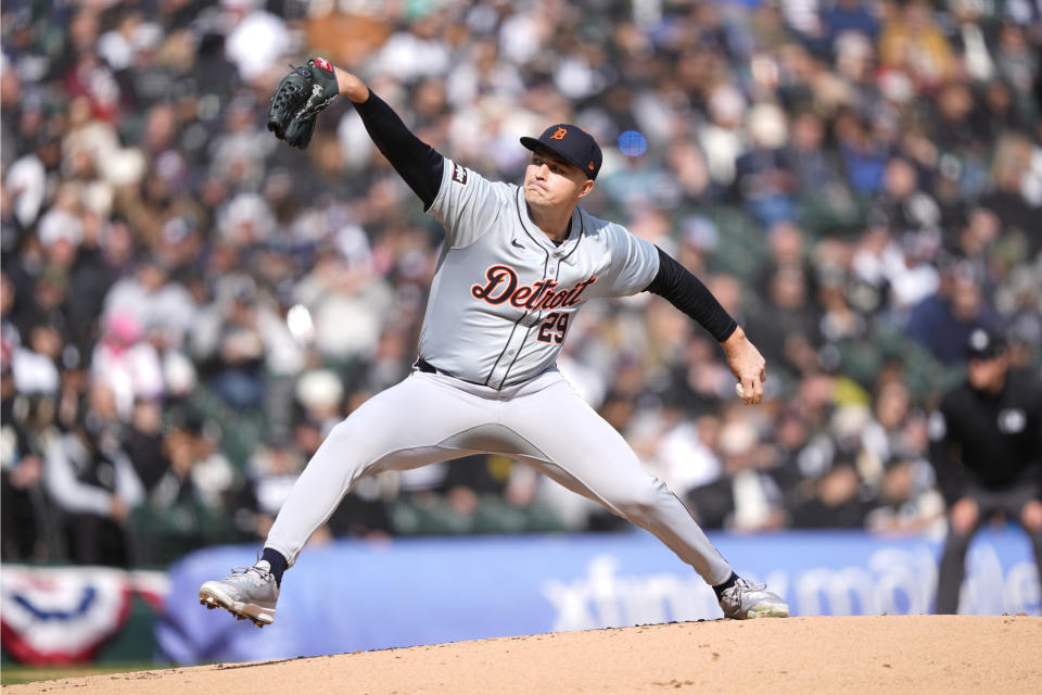 Detroit Tigers starting pitcher Tarik Skubal delivers during the first inning of the Chicago White Sox's home opener baseball game Thursday, March 28, 2024, in Chicago. (AP Photo/Charles Rex Arbogast)