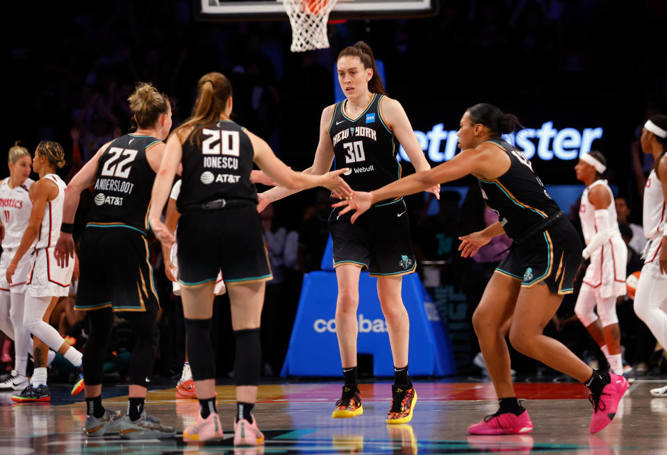 Breanna Stewart and the New York Liberty celebrate after a basket against the Washington Mystics on Sept. 10, 2023, at Barclays Center in New York City. (Photo by Bruce Bennett/Getty Images)