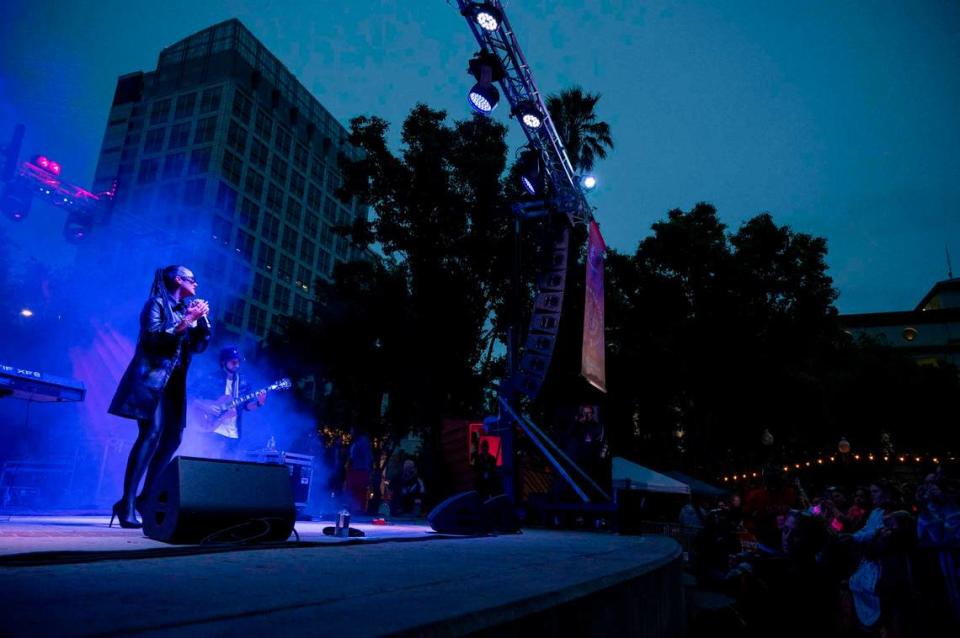 Latin Grammy-nominated singer Kat Dahlia performs on stage as fans filled Cesar Chavez Plaza for the opening night of the Concerts in the Park series that began on Cinco de Mayo.