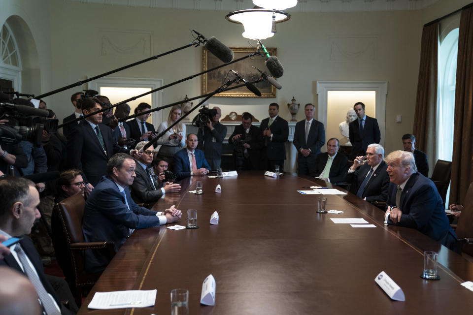 President Donald Trump speaks during a meeting with tourism industry executives about the coronavirus, in the Cabinet Room of the White House, Tuesday, March 17, 2020, in Washington. (AP Photo/Evan Vucci)