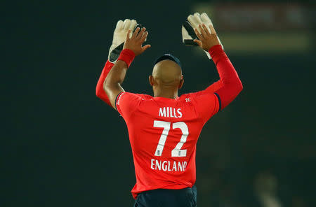 Cricket - India v England - First T20 International - Green Park Stadium, Kanpur, India - 26/01/17. England's Tymal Mills celebrates the wicket of India's Hardik Pandya. REUTERS/Danish Siddiqui