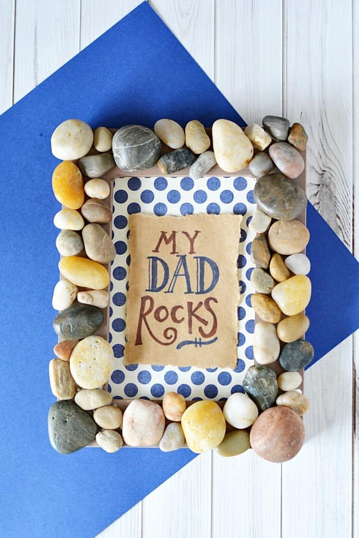 father's day crafts, square picture frame with rocks