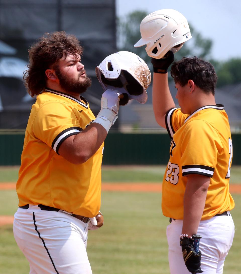 Peabody's Jett McAlister (27) celebrates his home run against Eagleville with Peabody's Guillermo Collazo Cruz (28) during the TSSAA Class 1A State Baseball Tournament at Eagleville, on Thursday, May 25, 2023. 