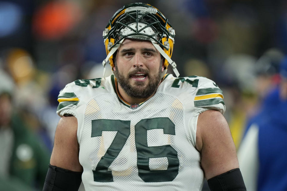FILE - Green Bay Packers guard Jon Runyan looks on after an NFL football game against the New York Giants, Dec. 11, 2023, in East Rutherford, N.J. Runyan will sign with the New York Giants for a three-year, $30 million contract with $17 million guaranteed, according to a person who spoke to The Associated Press on condition of anonymity because free agents cannot officially sign with new teams until Wednesday, March 13, 2024. (AP Photo/Bryan Woolston, File)