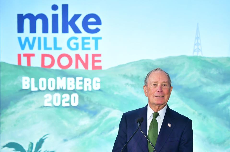 Mike Bloomberg addresses his supporters at the opening of a Los Angeles field office for his presidential campaign on Monday. (Photo by Frederic J. Brown/AFP via Getty Images)