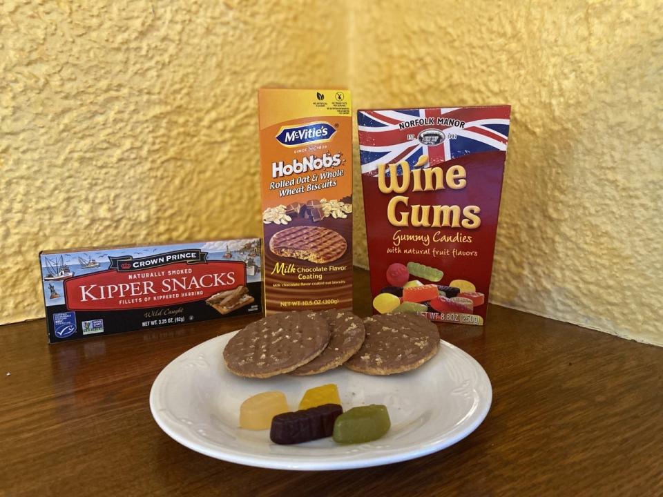 There's no wine in Wine Gums, but the gumdrop-like treats are among the contributions of the United Kingdom, along with Kipper Snacks (herring alert) and Hobnobs, a British biscuit (which we might call cookie).