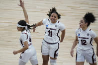 South Carolina guard Destiny Littleton (11) celebrates a score against Georgia Tech during the first half of a college basketball game in the Sweet Sixteen round of the women's NCAA tournament at the Alamodome in San Antonio, Sunday, March 28, 2021. (AP Photo/Eric Gay)