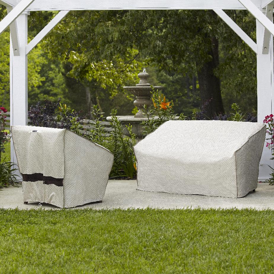 This publicity photo provided by Lowe's Home Improvement shows a allen + roth Trellis Pattern Polyester Conversation Chair Cover, left, and a allen + roth Trellis Pattern Polyester Loveseat Cover used to protect patio furniture from the elements year round. Whether you're able to afford a pricey patio set or if you're on a budget, you'll want to keep your outdoor furniture looking great for a long time with some simple tips for upkeep and storage. (AP Photo/Lowe's Home Improvement)