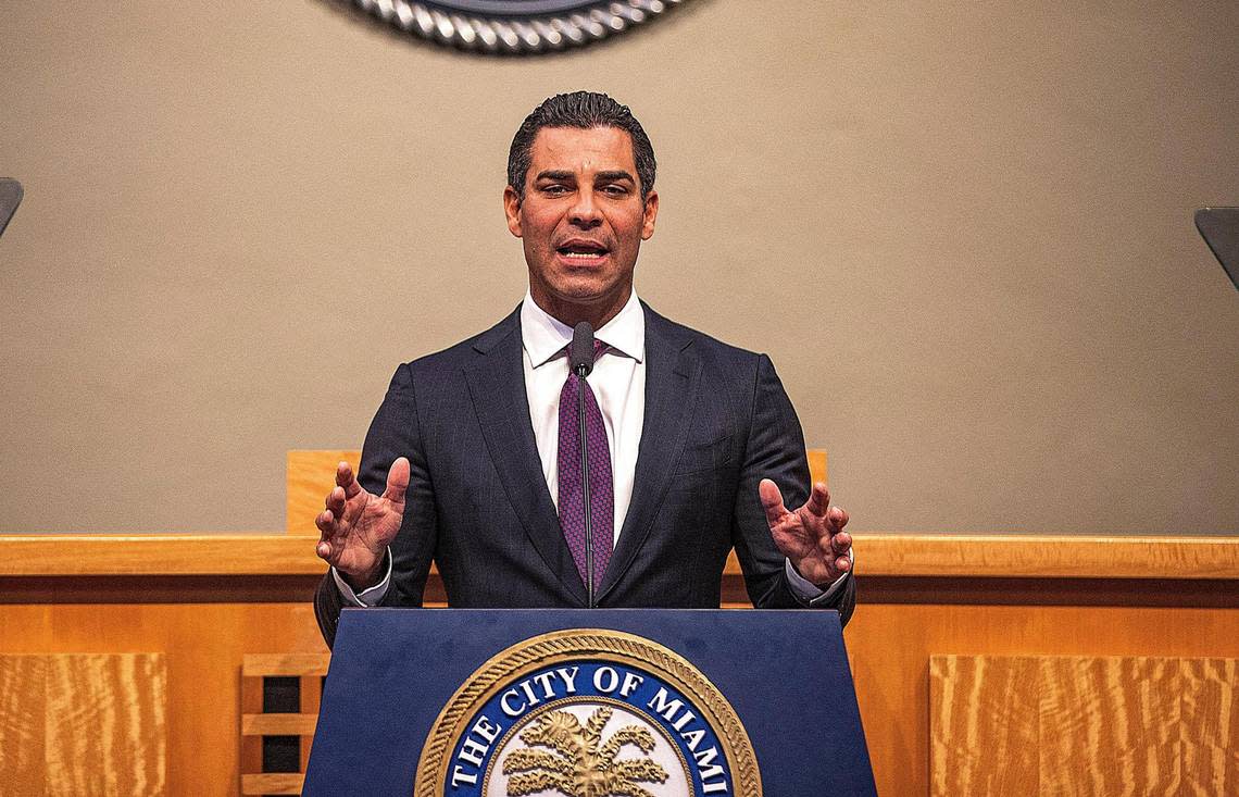 City of Miami Mayor Francis Suarez speaks at Miami City Hall, as he delivers his State of the City address, Friday, January 27, 2023.