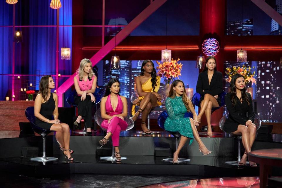 From Matt James’ Season 25 “Bachelor: Women Tell All” special airing March 1, 2021, on ABC (L-R): Katie, Kit, Jessenia, Khaylah, Ryan, Abigail and Brittany.