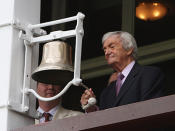 2009: Richie Benaud rings the bell during day two of the second Ashes Test Match at Lord's.