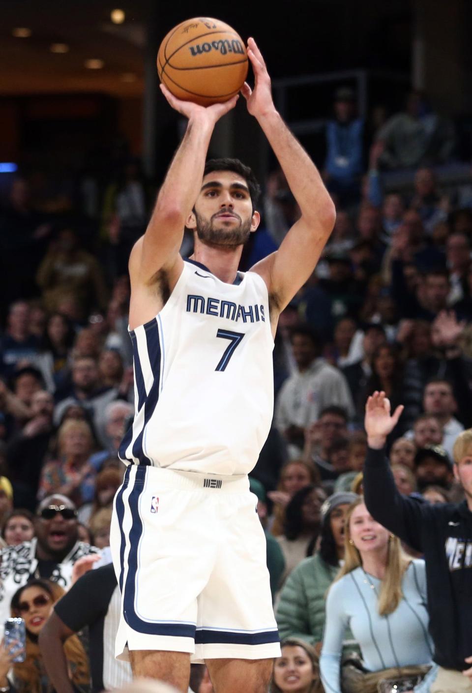 Memphis Grizzlies forward Santi Aldama (7) attempted a potential lead-changing 3-pointer in the final seconds of the second half in a game against the Boston Celtics at FedExForum on Nov. 19, 2023.