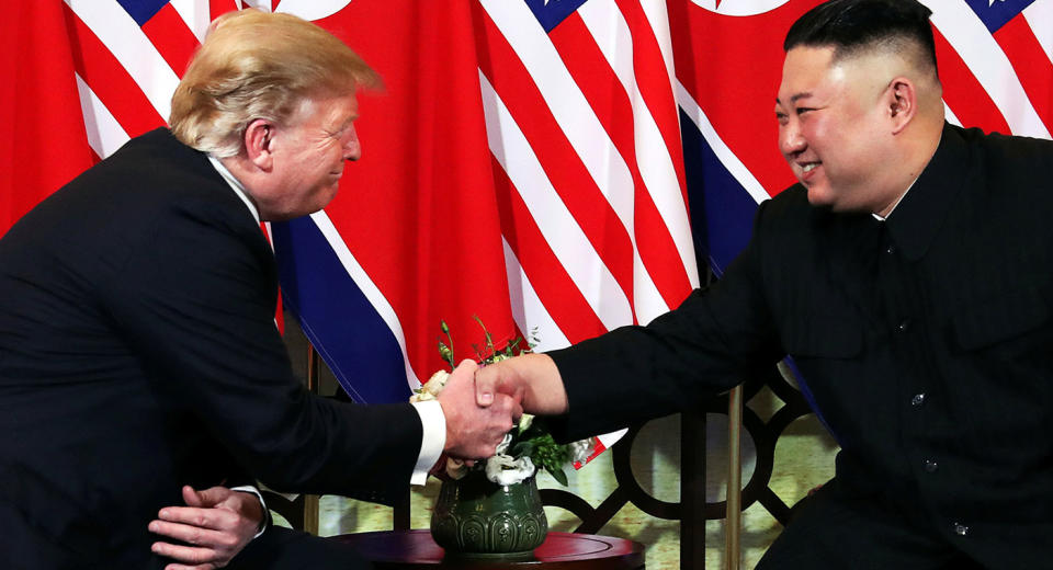 All smiles: Trump and Kim exchange pleasantries during their second meeting. (Reuters)