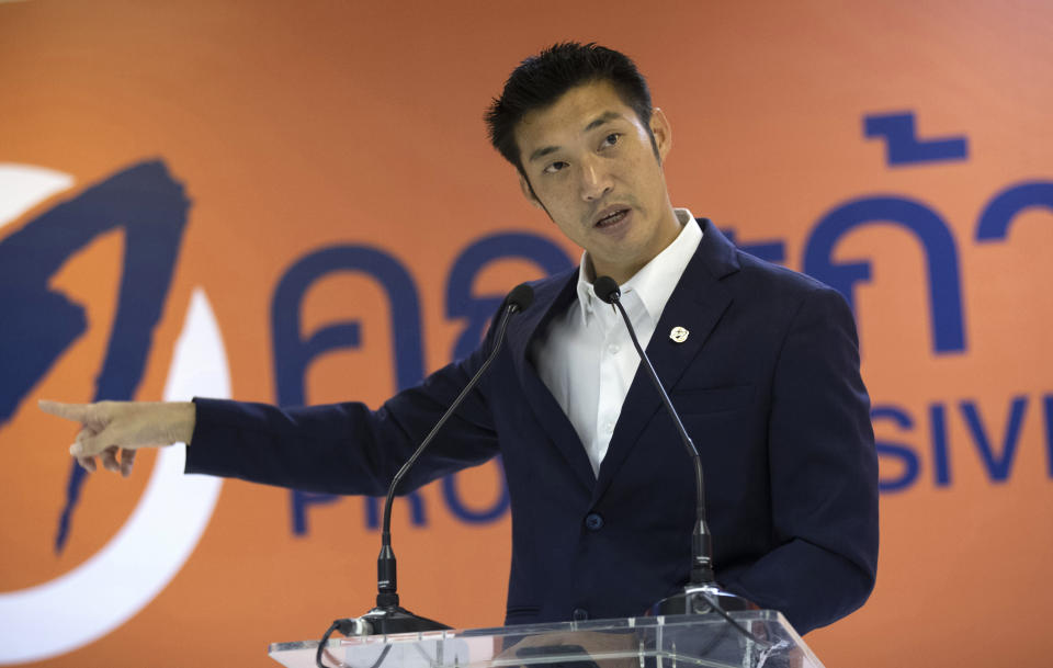 Former leader of the dissolved Future Forward Party, Thanathorn Juangroongruangkit, speaks during a press conference in Bangkok, Thailand, Thursday, Jan. 21, 2021. Thanathorn was charged with defaming Thailand’s monarchy by questioning the government’s procurement of COVID-19 vaccines is standing by his comments and saying the nation deserves more transparency. (AP Photo/Sakchai Lalit)