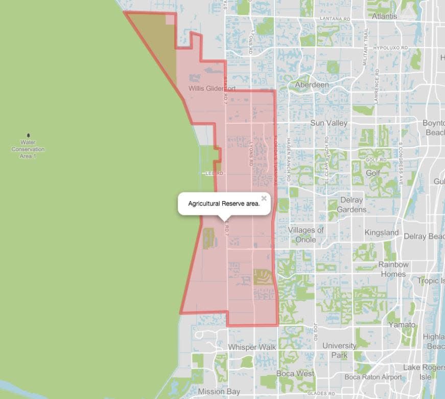 The Agricultural Reserve area runs from west of Lantana to west of Boca Raton.