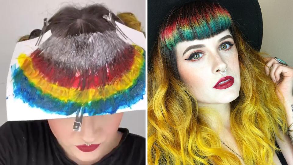 We chatted with St. Louis-based hair pro Caitlin Ford on how she mastered the creation of a rainbow bangs. See a video of her dyeing process here.
