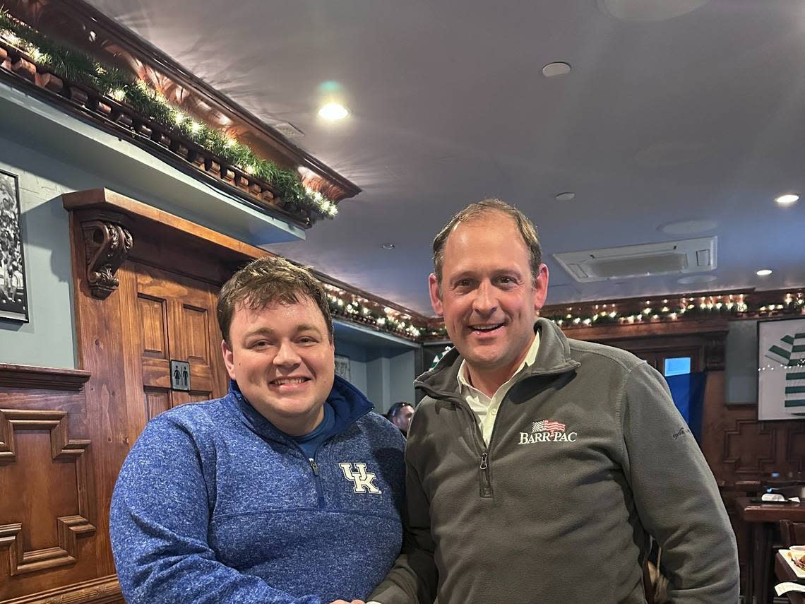Zebulon Vance, the president of the New York City UK Alumni Club, shakes hands with Kentucky Republican Congressman Andy Barr at Jack Demsey’s, a bar and restaurant in New York City. Barr watched the Kentucky-Michigan men’s basketball game at Jack Demsey’s.
