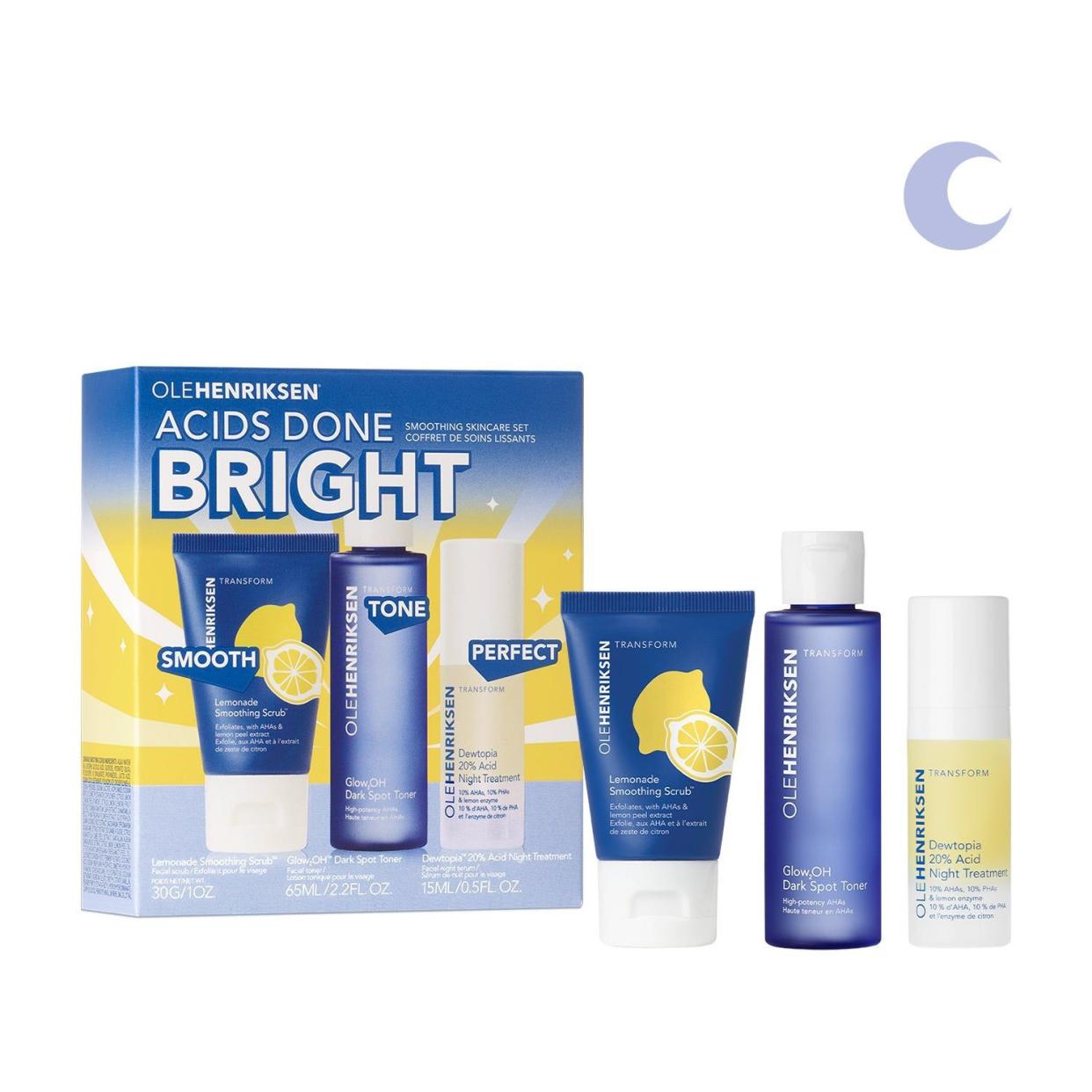 <p><a href="https://go.redirectingat.com?id=74968X1596630&url=https%3A%2F%2Fwww.sephora.com%2Fproduct%2Fole-henriksen-acids-done-bright-starter-set-P473323&sref=https%3A%2F%2F" rel="nofollow noopener" target="_blank" data-ylk="slk:Shop Now;elm:context_link;itc:0;sec:content-canvas" class="link rapid-noclick-resp">Shop Now</a></p><p>Acids Done Bright Smoothing Skincare Set</p><p>sephora.com</p><p>$26.40</p>