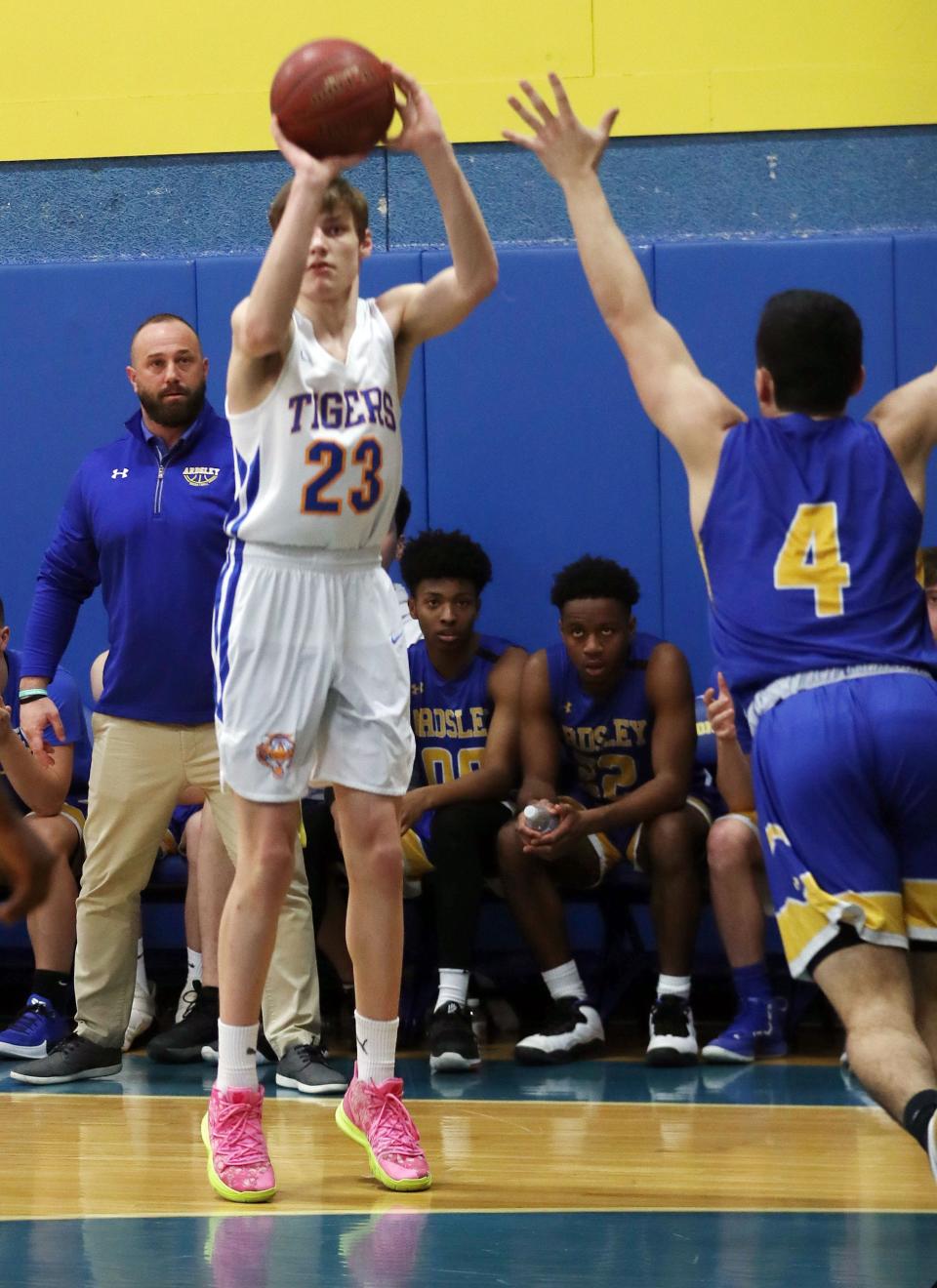 North Salem's Roger Squire (23) puts up a shot against Ardsley during the Section 1 Class B boys basketball playoff at North Salem High School School  Feb. 20, 2020. North Salem won the game 53-33.