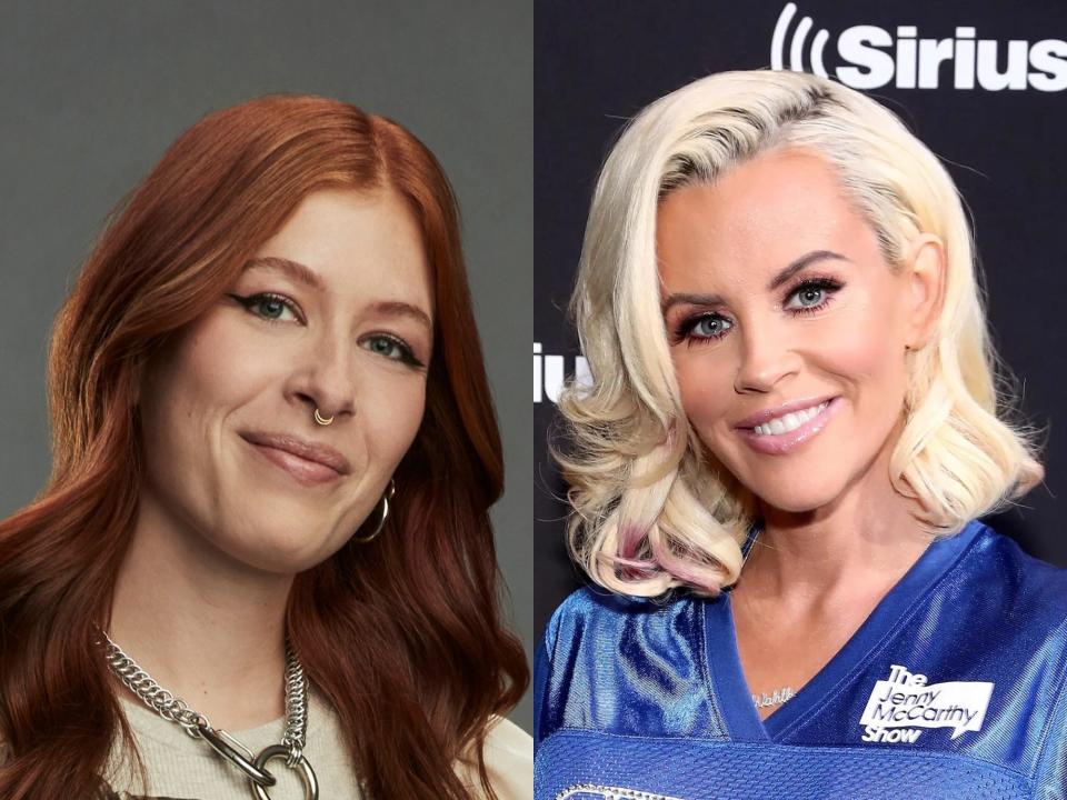 left: olivia aquilina, a young woman with red hair smiling; right: jenny mccarthy with shoulder length blonde hair, smiling