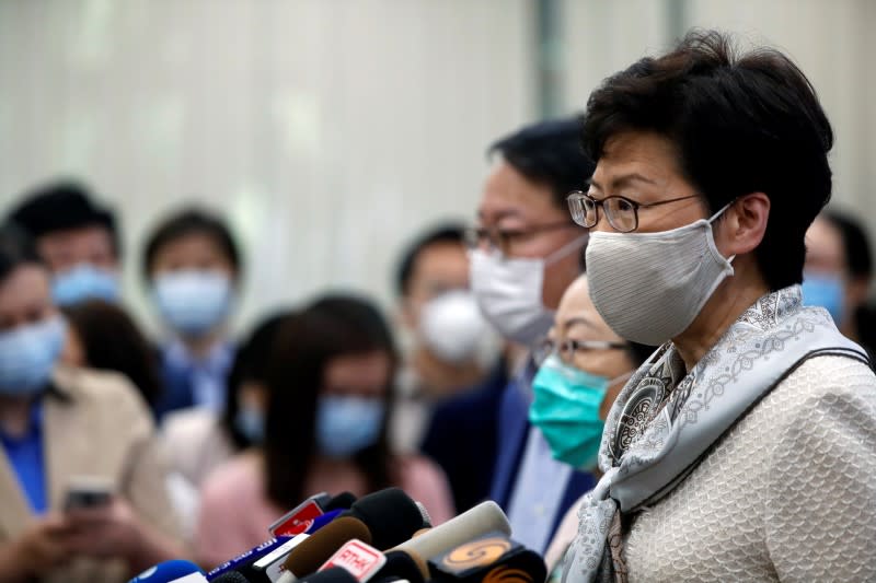 Hong Kong Chief Executive Carrie Lam holds a news conference in Beijing