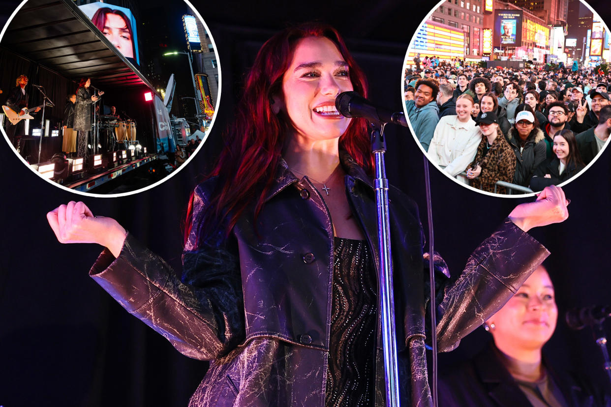 Dua Lipa performing in Times Square, and the crowd in Times Square.