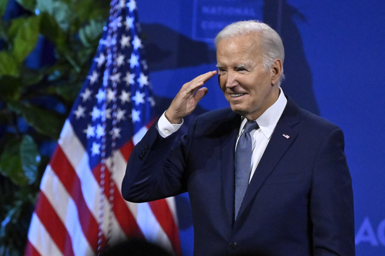 President Joe Biden exits the stage after speaking at the 115th NAACP National Convention on Tuesday, July 16, 2024, in Las Vegas. (AP Photo/David Becker)